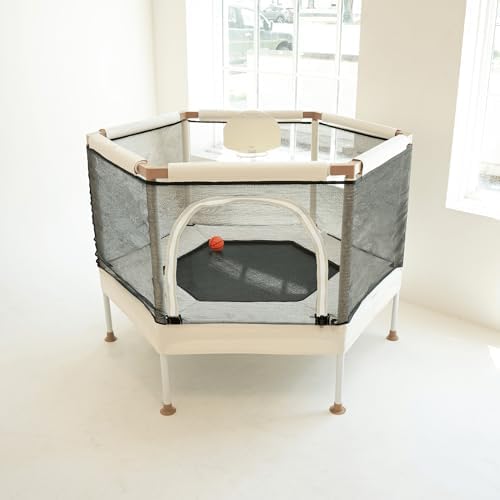 Aesthetic Kids Trampoline with Safety Net & Basketball Hoop, Ultra Safe No-Gap Design, Gifts for Boys & Girls Indoor and