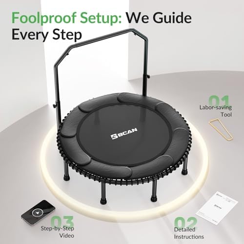BCAN 40"/48" Mini Rebounder Trampoline for Adults with Bar: Whole-Body Workout & Relaxation at Home, Stable & Quiet, Adj