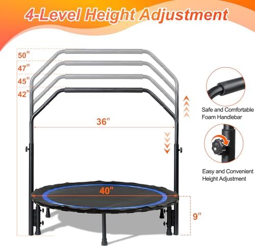 Foldable Mini Trampoline for Adults | Load 330lbs | 40"/48" Rebounder | Durable Bungee Band | Adjustable Foam Handle | H