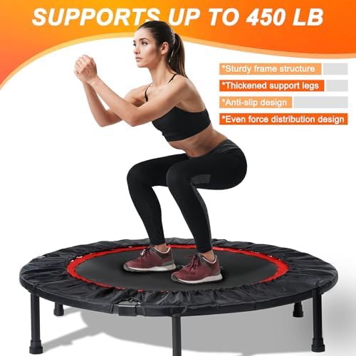 Foldable Mini Trampoline for Adults | Load 330lbs | 40"/48" Rebounder | Durable Bungee Band | Adjustable Foam Handle | H