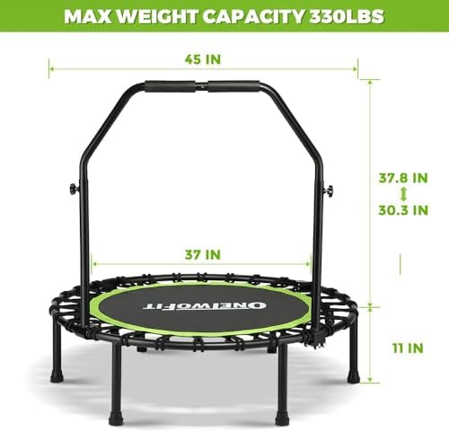 ONETWOFIT Quiet Foldable Mini Trampoline for Adults 42” W/Adjustable Foam Handle Bungees, Perfect for Indoor Workout O