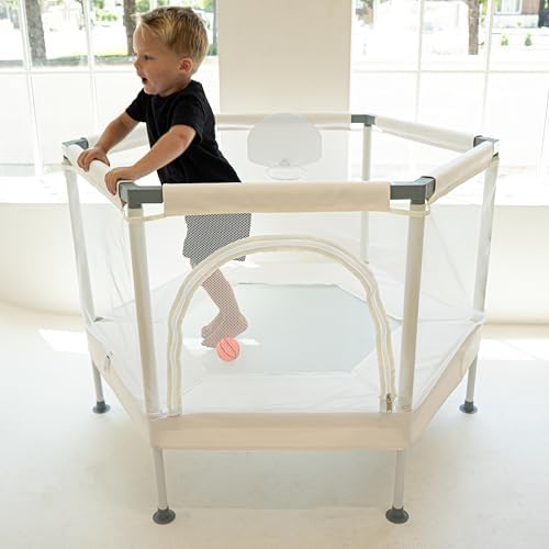 Aesthetic Kids Trampoline with Safety Net & Basketball Hoop, Ultra Safe No-Gap Design, Gifts for Boys & Girls Indoor and