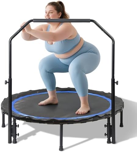 Foldable Mini Trampoline for Adults | Load 330lbs | 40"/48" Rebounder | Durable Bungee Band | Adjustable Foam Handle | H