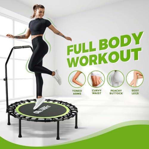 ONETWOFIT Quiet Foldable Mini Trampoline for Adults 42” W/Adjustable Foam Handle Bungees, Perfect for Indoor Workout O