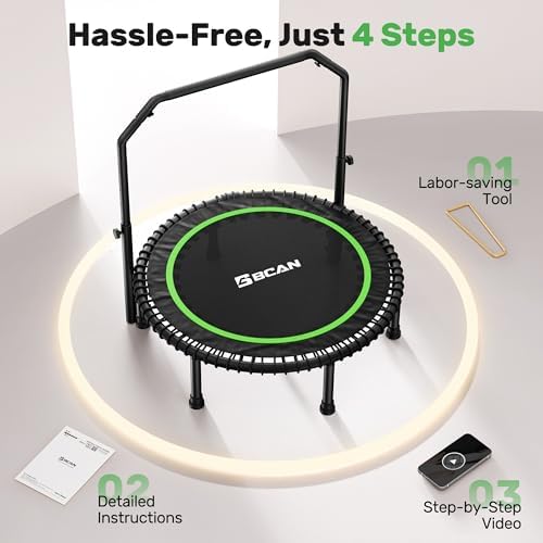 BCAN 40"/48" Mini Rebounder Trampoline for Adults with Bar: Whole-Body Workout & Relaxation at Home, Stable & Quiet, Adj