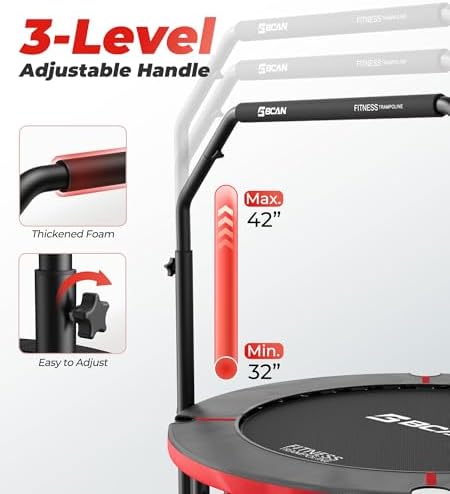 BCAN 40"/48" Foldable Mini Trampoline for Adults Indoor Workout | BCAN U/T Adjustable Foam Handle Rebounder Trampoline