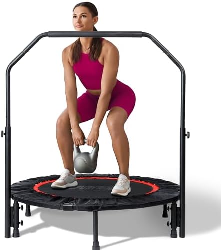Foldable Mini Trampoline for Adults | Load 330lbs | 40"/48" Rebounder | Durable Bungee Band | Adjustable Foam Handle | H