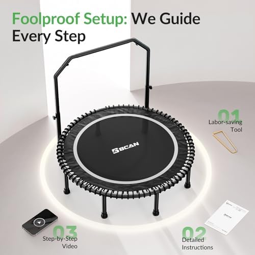 BCAN 40"/48" Mini Rebounder Trampoline for Adults with Bar: Whole-Body Workout & Relaxation at Home, Stable & Quiet, Adj