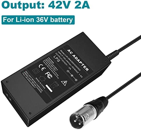 36V Electric Bike Charger 42V2A Output Lithium Battery Charger for Lithium Batteries 10 Series Male 3-Pin XLR Socket/Con