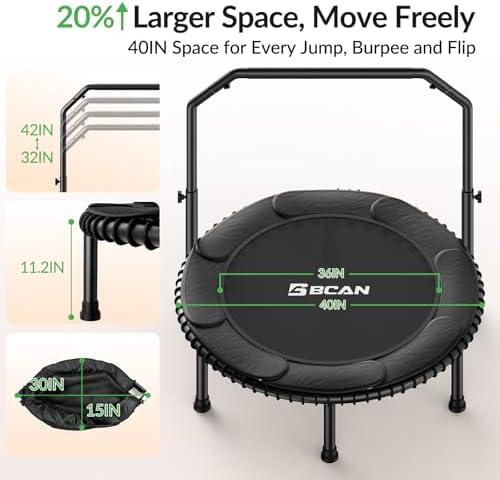 BCAN 40"/48" Mini Rebounder Trampoline for Adults with Bar: Whole-Body Workout & Relaxation at Home, Stable & Quiet, Adj