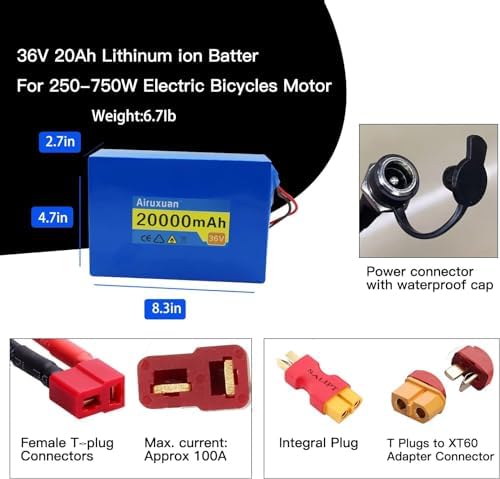 36V Lithium Battery 8Ah T-Plug XT60 Connector BMS Charges 2A for 250-1000W Ebike Kit | 36V Ebike 8Ah Lithium Battery wi