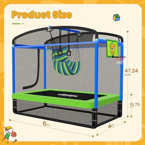 Zupapa 4X6FT Rectangle Trampoline with Hammock Chair for Toddlers Ages 3-6 Indoors Outdoors, Basketball Hoop Safety Net