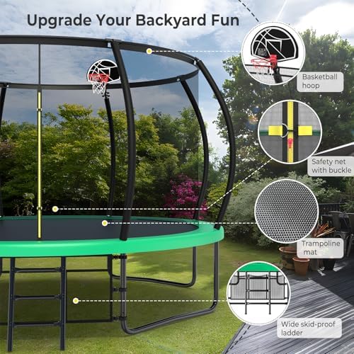 Lyromix 12 14 15 16FT Outdoor Trampolines for Kids and Adults | Lyromix Pumpkin Trampolin with Curved Poles for Kids an