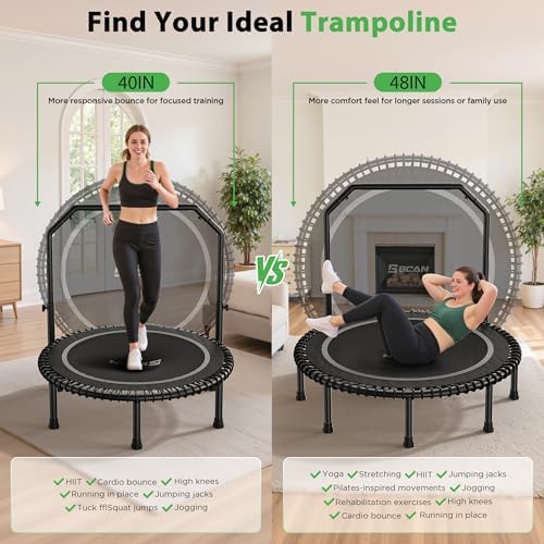BCAN 40"/48" Mini Rebounder Trampoline for Adults with Bar: Whole-Body Workout & Relaxation at Home, Stable & Quiet, Adj