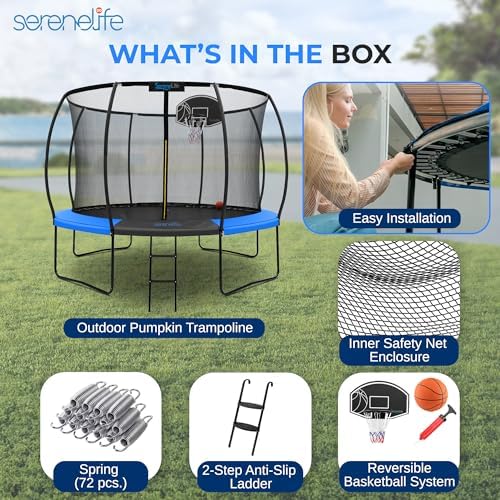 SereneLife 12FT Outdoor Trampoline for Kids and Adults - Recreational Trampoline with Curve Safety Poles and Net Enclosu