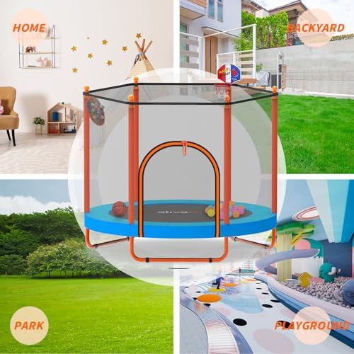 ATIVAFIT 60'' Rebounder Trampoline for Kids Ages 1-8 with Safety Net and Basketball Hoop