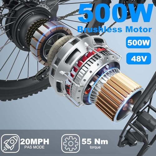 ANCHEER 500W 26" Electric Bike for Adults: Peak 750W, 48V 10.4Ah Battery, 55 Miles Range, 22MPH Speed, 3H Fast Charge, |