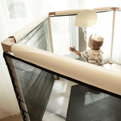 Aesthetic Kids Trampoline with Safety Net & Basketball Hoop, Ultra Safe No-Gap Design, Gifts for Boys & Girls Indoor and