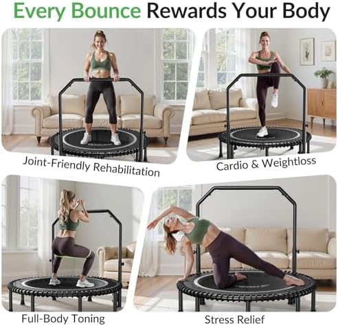 BCAN 40"/48" Mini Rebounder Trampoline for Adults with Bar: Whole-Body Workout & Relaxation at Home, Stable & Quiet, Adj