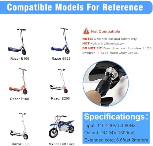 Razor E100 E125 E150 E175 E200 E300 MX350 Electric Scooter Charger 24V 3-Prong Inline Female Battery Power Cord Razor