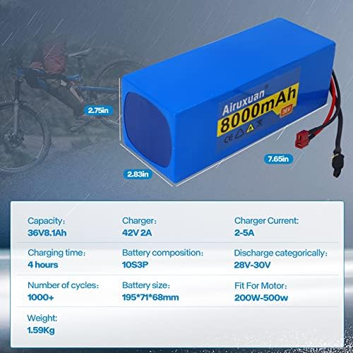 36V Lithium Battery 8Ah T-Plug XT60 Connector BMS Charges 2A for 250-1000W Ebike Kit | 36V Ebike 8Ah Lithium Battery wi