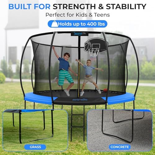 SereneLife 12FT Outdoor Trampoline for Kids and Adults - Recreational Trampoline with Curve Safety Poles and Net Enclosu
