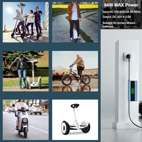 42V 2A Electric Scooter Charger with LED Charging Display, Universal with 4 Connections, for Electric Bike, Mobility Sco