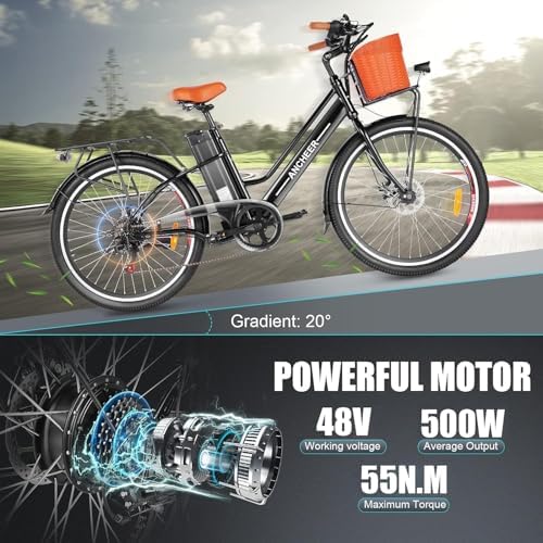 ANCHEER 26'' Electric Bike for Adults, Peak 750W, Up to 50 Miles Step Through Commuter Ebike | ANCHEER 48V/374Wh Batter