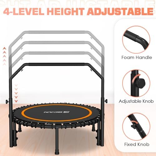 BCAN 40"/48" Mini Rebounder Trampoline for Adults with Bar: Whole-Body Workout & Relaxation at Home, Stable & Quiet, Adj