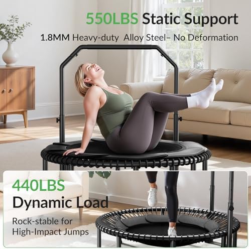 BCAN 40"/48" Mini Rebounder Trampoline for Adults with Bar: Whole-Body Workout & Relaxation at Home, Stable & Quiet, Adj