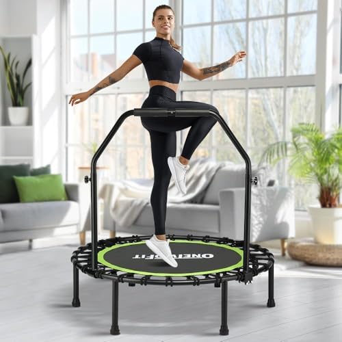 ONETWOFIT Quiet Foldable Mini Trampoline for Adults 42” W/Adjustable Foam Handle Bungees, Perfect for Indoor Workout O