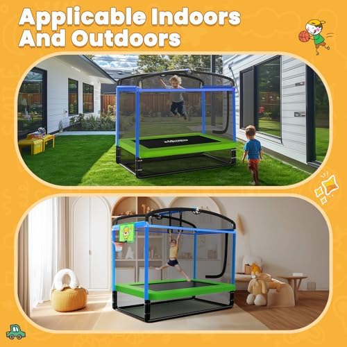 Zupapa 4X6FT Rectangle Trampoline with Hammock Chair for Toddlers Ages 3-6 Indoors Outdoors, Basketball Hoop Safety Net