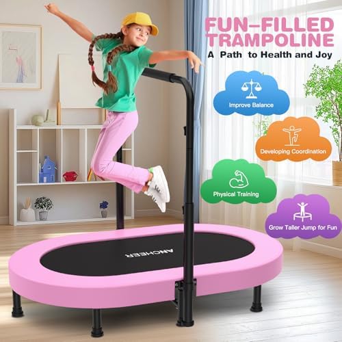 ANCHEER Mini Trampoline for Kids & Toddlers - Indoor/Outdoor Rebounder with Adjustable Handle, 56'' Safe Oval Fitness Tr