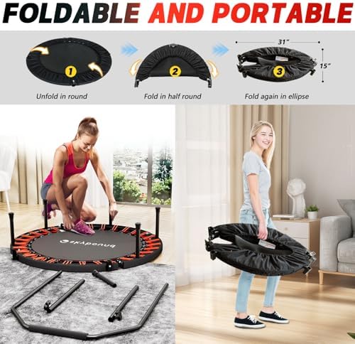 Adults 40" Foldable Rebounder Trampoline - Stable Quiet Fitness Equipment with Max 350lbs Load Capacity, Adjustable U-Ba