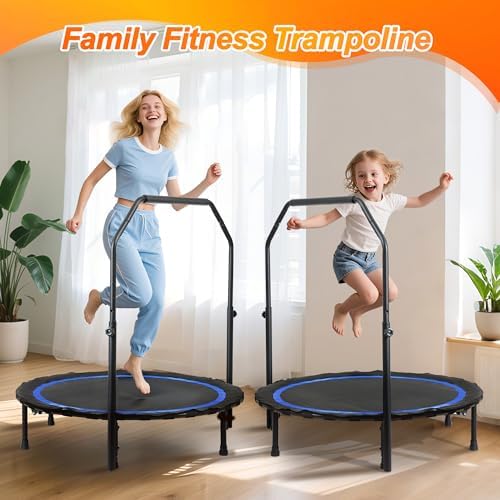Foldable Mini Trampoline for Adults | Load 330lbs | 40"/48" Rebounder | Durable Bungee Band | Adjustable Foam Handle | H
