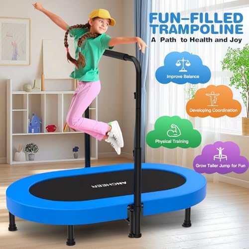 ANCHEER Mini Trampoline for Kids & Toddlers - Indoor/Outdoor Rebounder with Adjustable Handle ANCHEER 56'' Safe Oval Fit