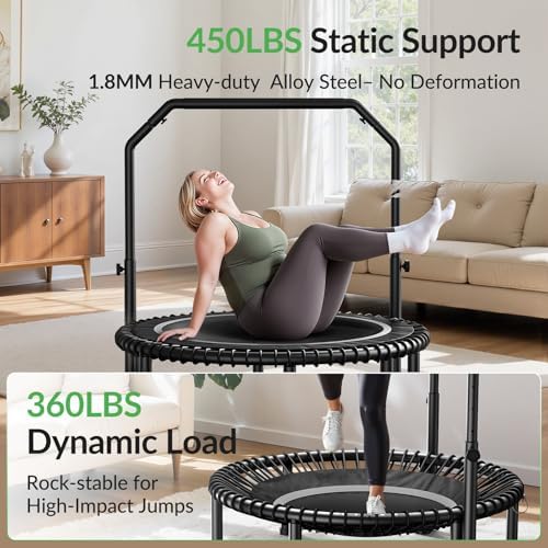 BCAN 40"/48" Mini Rebounder Trampoline for Adults with Bar: Whole-Body Workout & Relaxation at Home, Stable & Quiet, Adj