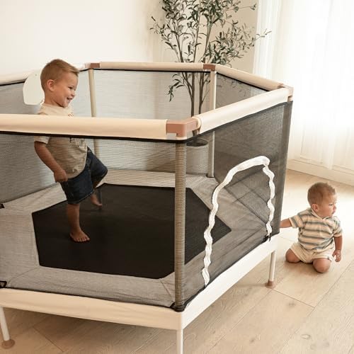 Aesthetic Kids Trampoline with Safety Net & Basketball Hoop, Ultra Safe No-Gap Design, Gifts for Boys & Girls Indoor and