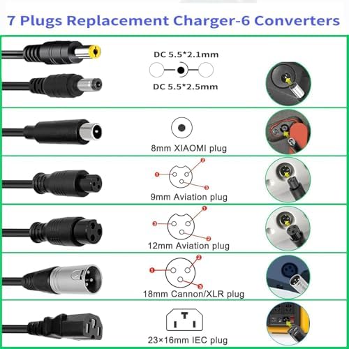 Fast and Safe 5|6V 3A Charger for 13S 48V Li-ion Battery Users, Universal 7 Plugs Adapter Specifications: DC 5.5x|5mm, X