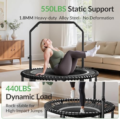 BCAN 40"/48" Mini Rebounder Trampoline for Adults with Bar: Whole-Body Workout & Relaxation at Home, Stable & Quiet, Adj