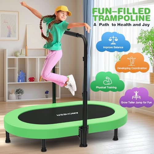 ANCHEER Mini Trampoline for Kids & Toddlers - Indoor/Outdoor Rebounder with Adjustable Handle ANCHEER 56'' Safe Oval Fit