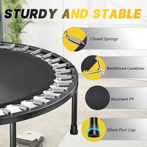 Adults 40" Foldable Rebounder Trampoline - Stable Quiet Fitness Equipment with Max 350lbs Load Capacity, Adjustable U-Ba