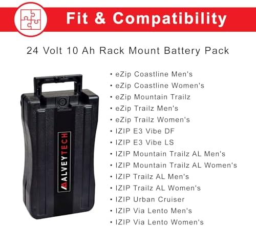 AlveyTech 24 Volt 10 Ah Rack Mount Battery Pack for Currie eZip and IZIP Bikes - Replacement with Button-Style Terminals