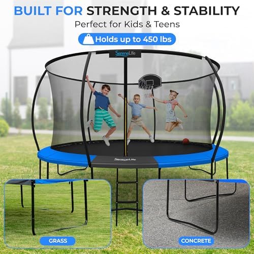 SereneLife 12FT Outdoor Trampoline for Kids and Adults - Recreational Trampoline with Curve Safety Poles and Net Enclosu