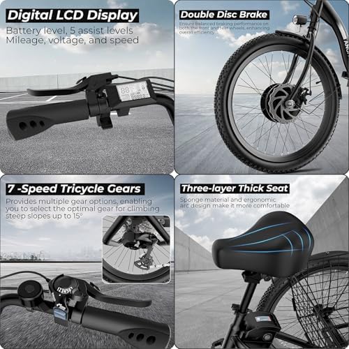 ANCHEER 600W Peak Electric Tricycle for Adults | 24" 499Wh Foldable 3 Wheel Ebike for Seniors | Rear Differential 15.5M