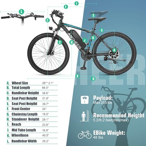 ANCHEER 500W 26" Electric Bike for Adults: Peak 750W, 48V 10.4Ah Battery, 55 Miles Range, 22MPH Speed, 3H Fast Charge, |