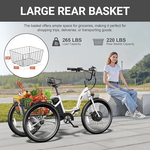 ANCHEER 600W Peak Electric Tricycle for Adults | 24" 499Wh Foldable 3 Wheel Ebike for Seniors | Rear Differential 15.5M