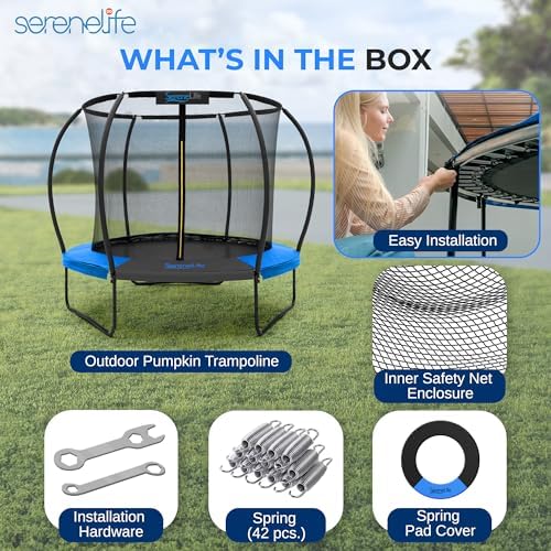 SereneLife 12FT Outdoor Trampoline for Kids and Adults - Recreational Trampoline with Curve Safety Poles and Net Enclosu