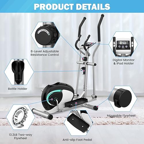 Dripex Magnetic Elliptical Machine Home Workout Quiet Elliptical Trainer 6KG Flywheel 8 Resistance Levels Pulse Monitor