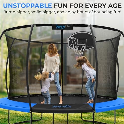 SereneLife 12FT Outdoor Trampoline for Kids and Adults - Recreational Trampoline with Curve Safety Poles and Net Enclosu